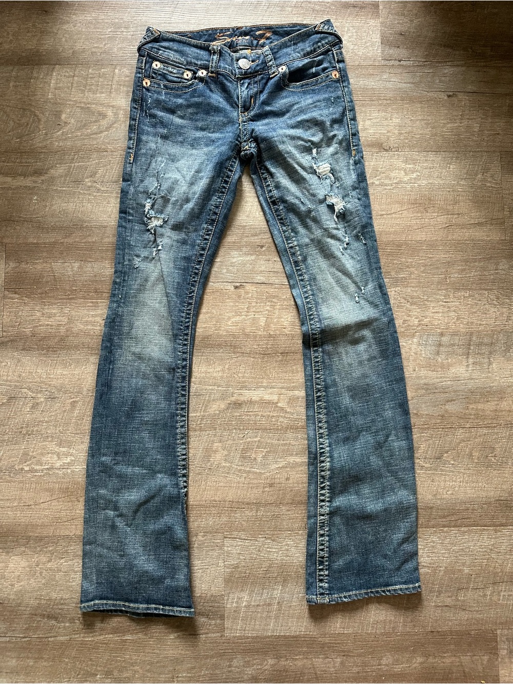 Seven7 Women’s Distressed Blue Flare Jeans